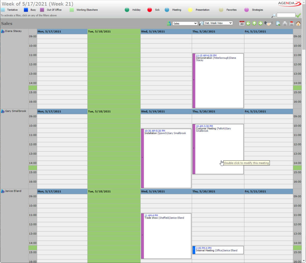 AgendaX group calendar weekly view showing appointments of multiple employees similar to Outlook