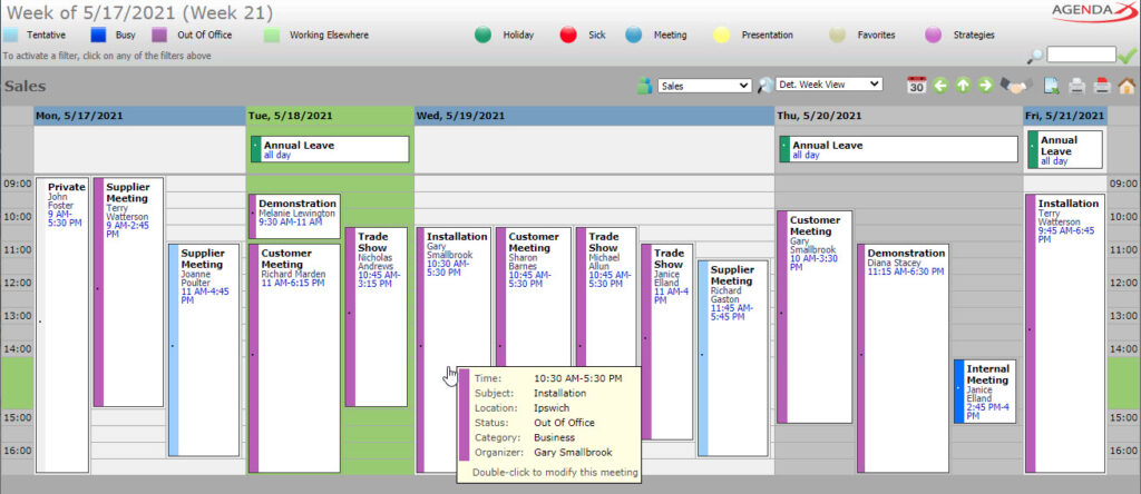 AgendaX group calendar weekly view showing appointments of multiple employees with colored vertical bars