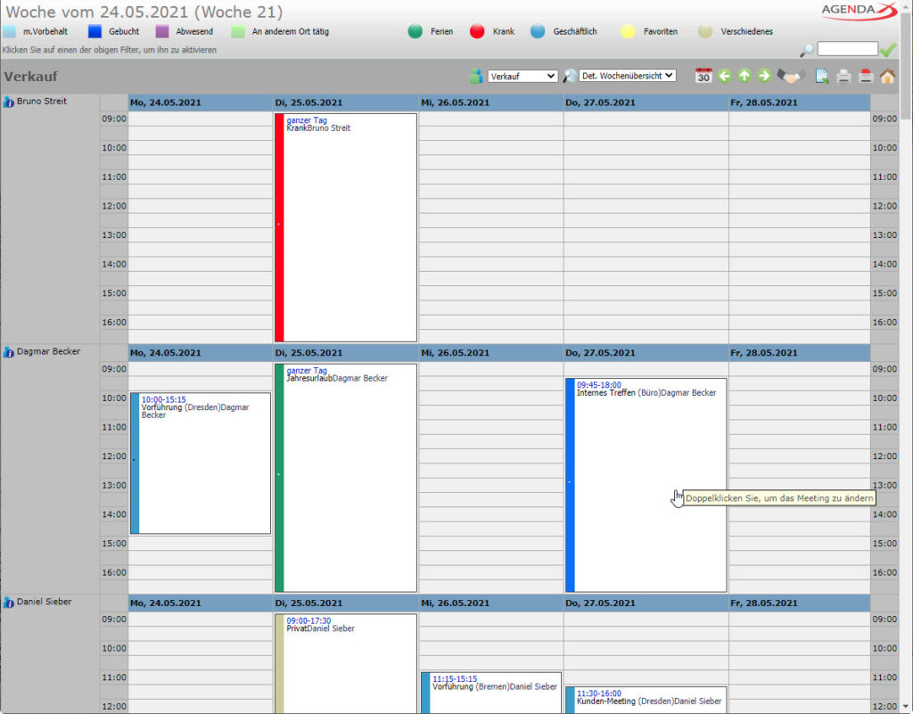 AgendaX Gruppenkalender Wochenansicht zeigt Termine mehrerer Mitarbeiter ähnlich wie Outlook an