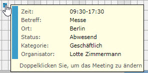 AgendaX Gruppenkalender Meeting- Details, die angezeigt werden, wenn man mit der Maus über einen Termin fährt